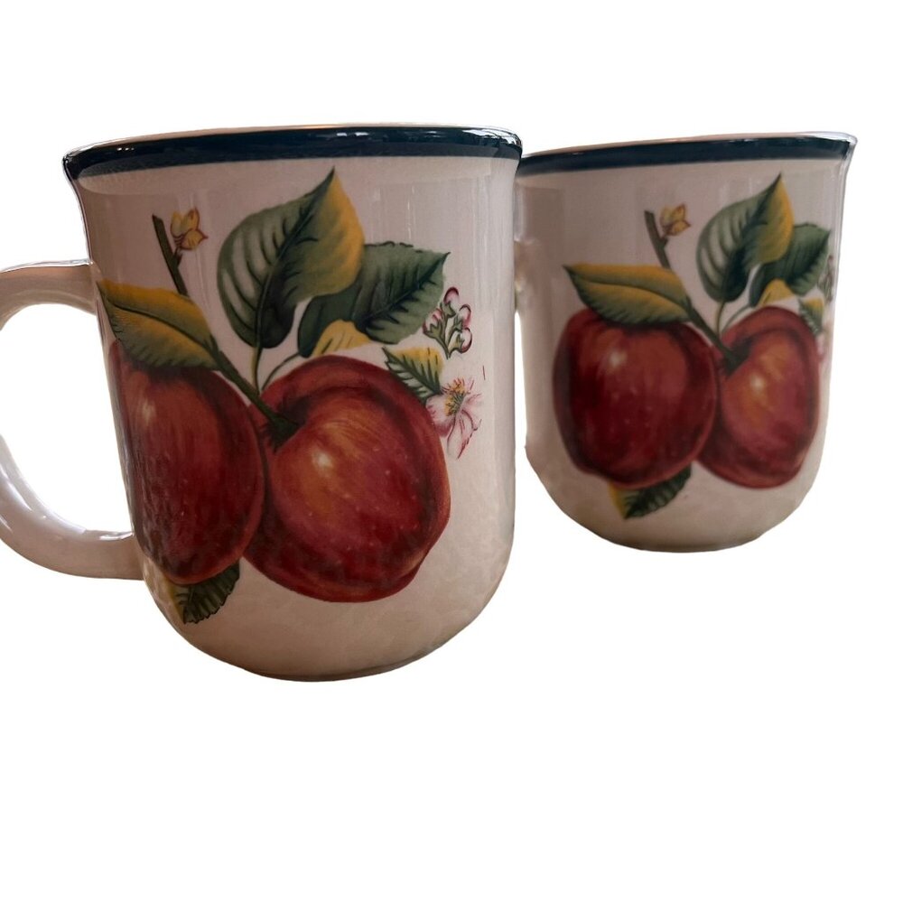 Set Of 2 Vintage Apple Print Ceramic Mugs With Green Rim by China Pearl-Casuals